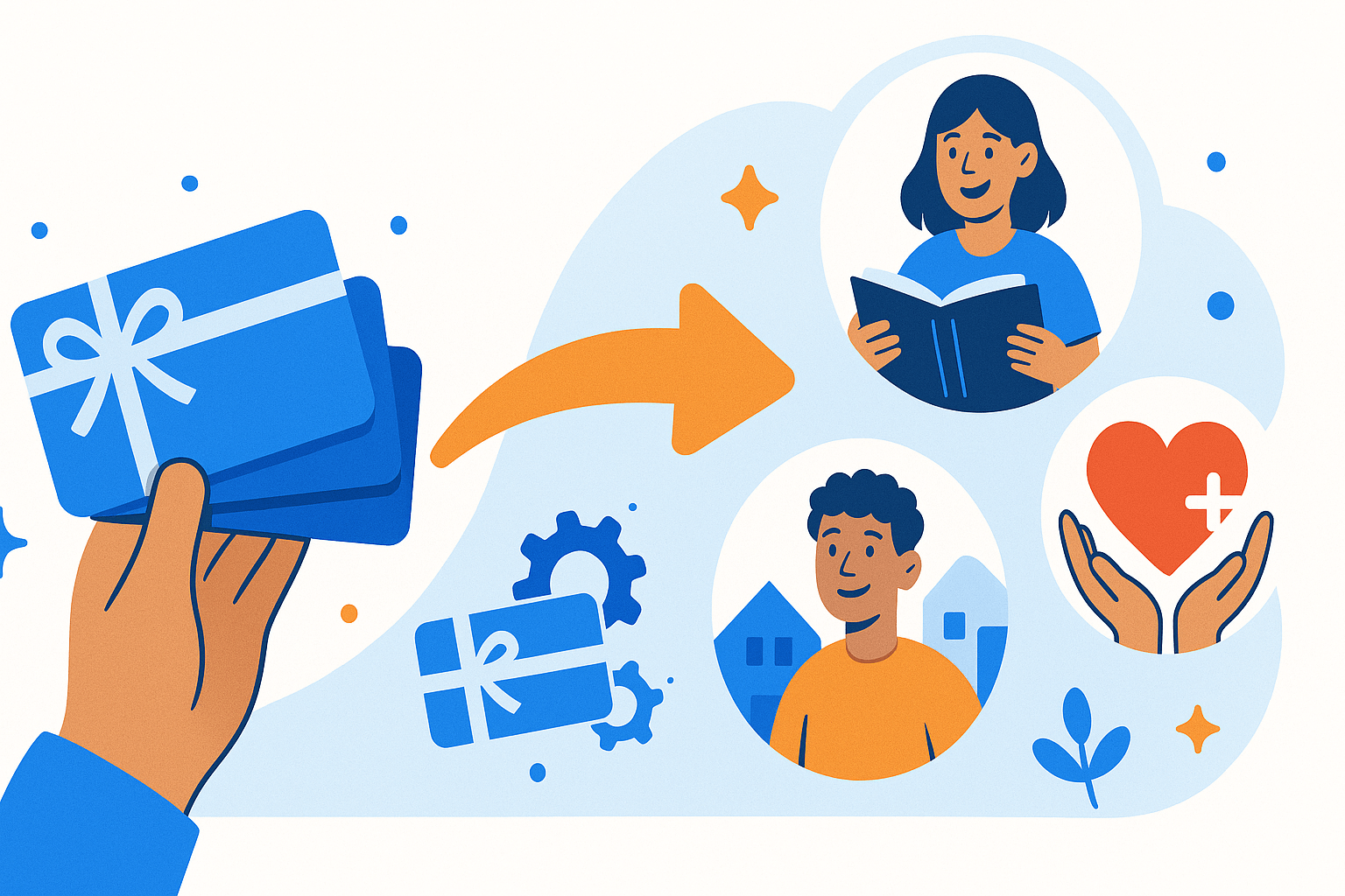 Illustration showing the impact of gift card donations transforming into support for charitable causes